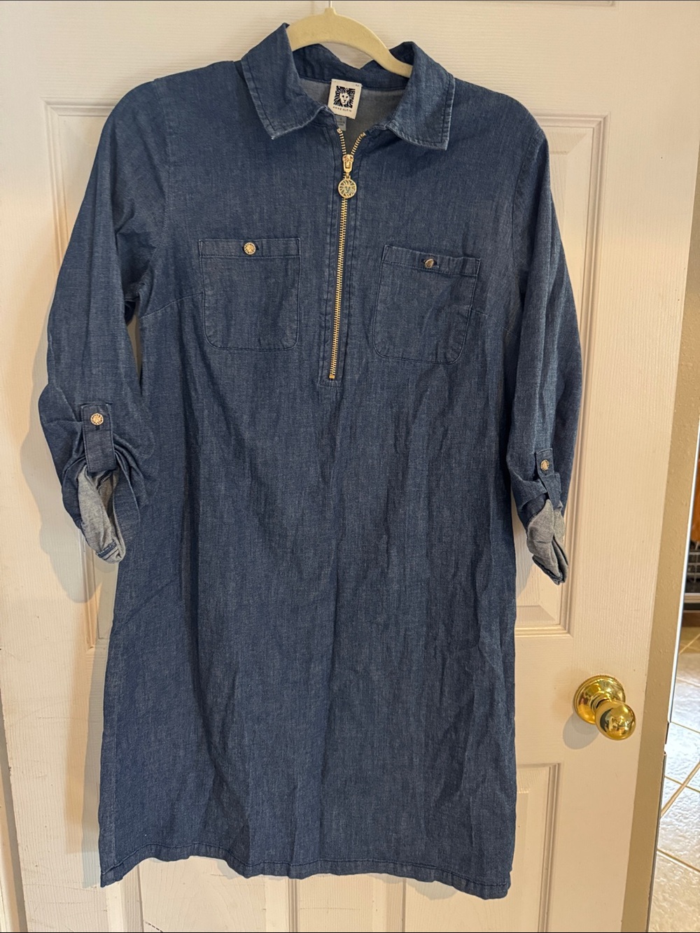 Anne Klein Denim Blue Zip-Front Shirt Dress